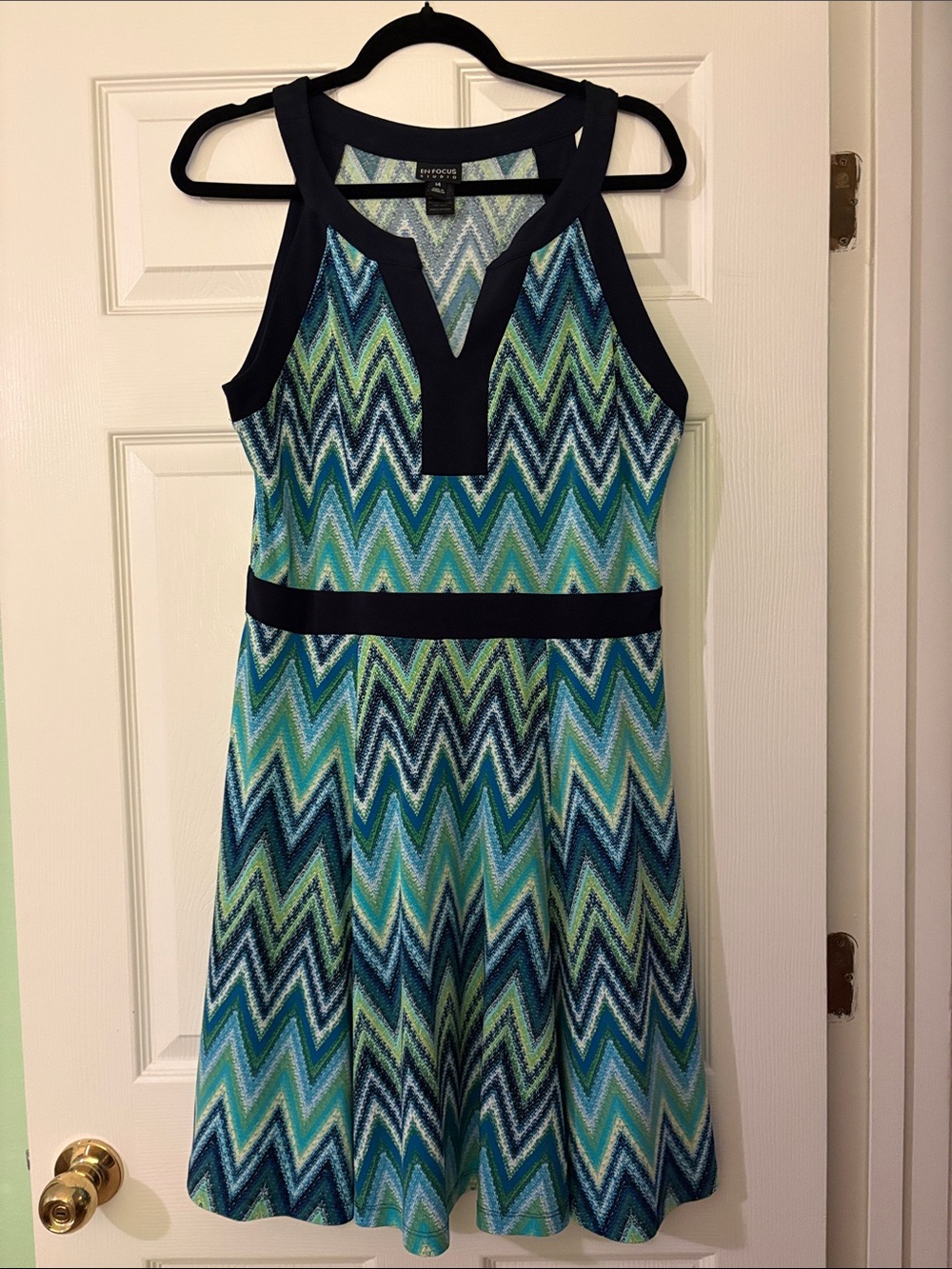 Enfocus Studio Blue and Green Chevron Fit-and-Flare Dress